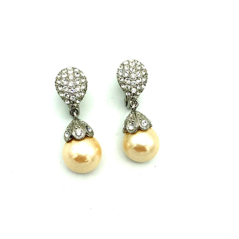 Monet Silver Rhinestone Classic Pearl Drop Art Deco Style Clip - On Earrings - 24 Wishes Vintage Jewelry