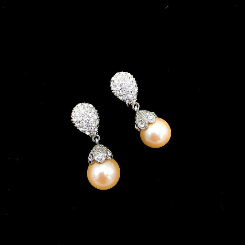 Monet Silver Rhinestone Classic Pearl Drop Art Deco Style Clip - On Earrings - 24 Wishes Vintage Jewelry