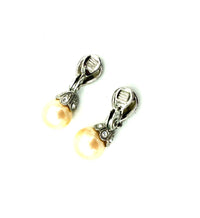 Monet Silver Rhinestone Classic Pearl Drop Art Deco Style Clip - On Earrings - 24 Wishes Vintage Jewelry