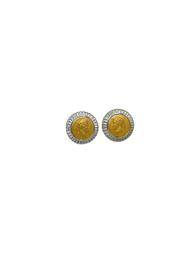 Monet Two - tone Round Greek Roman Coin Classic Pierced Earrings - 24 Wishes Vintage Jewelry