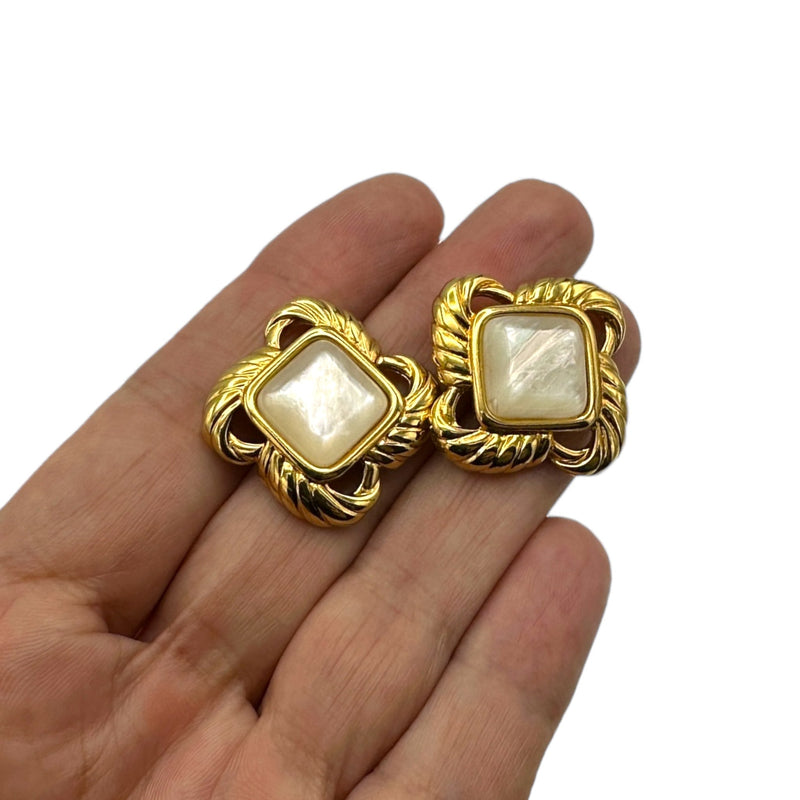 Monet Vintage Gold Jewelry Square Opalescent Cabochon Statement Pierced Earrings - 24 Wishes Vintage Jewelry