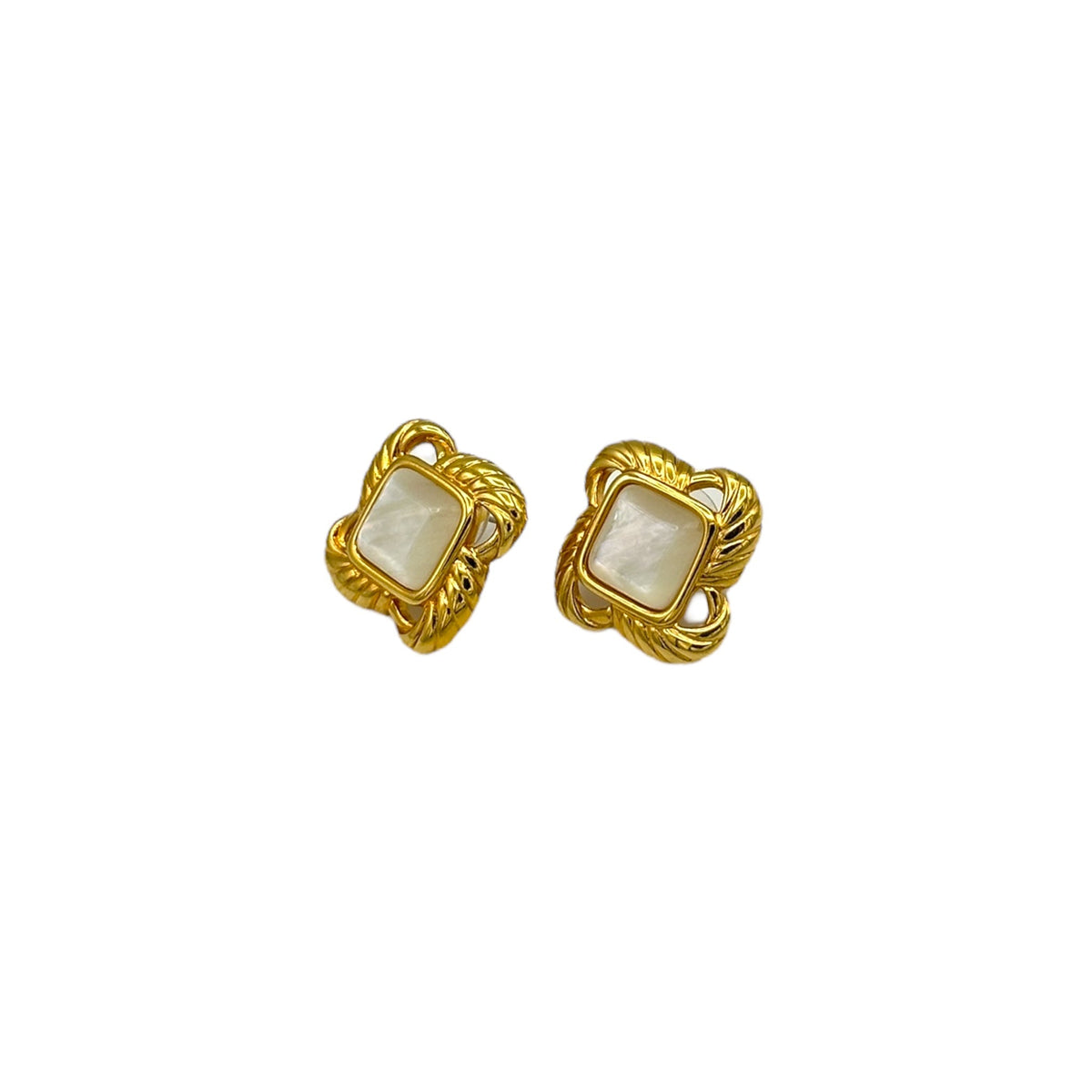 Monet Vintage Gold Jewelry Square Opalescent Cabochon Statement Pierced Earrings - 24 Wishes Vintage Jewelry