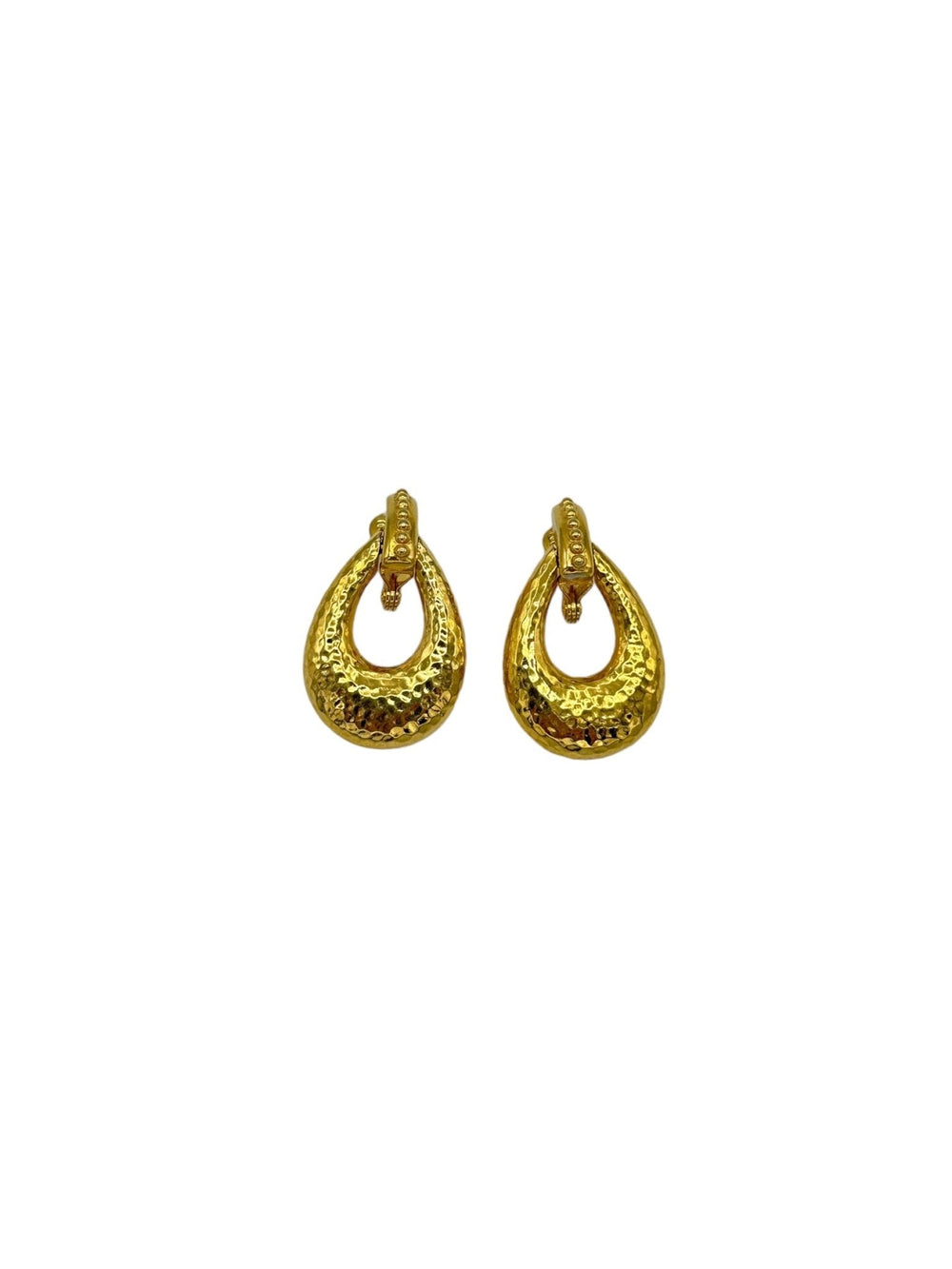 Monet Vintage Jewelry Gold Teardrop Hammered Doorknocker Dangle Clip - On Earrings - 24 Wishes Vintage Jewelry
