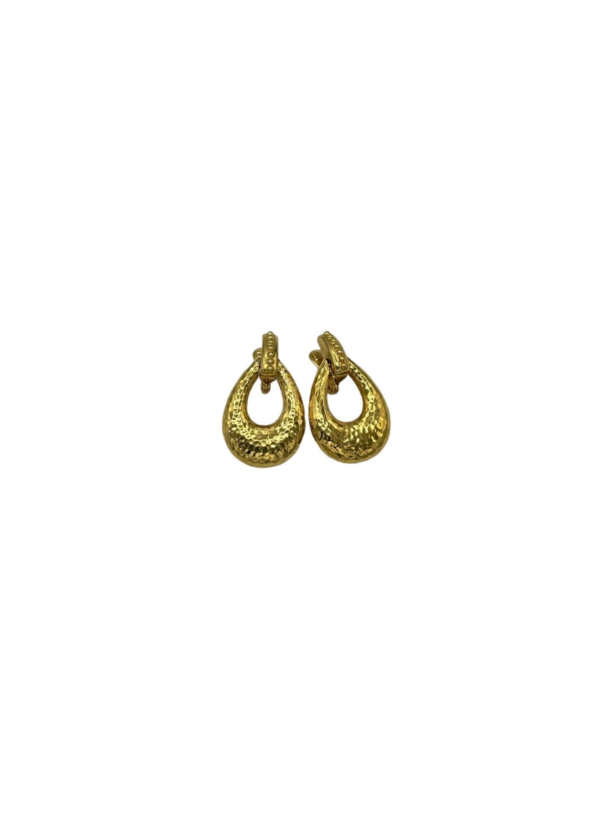 Monet Vintage Jewelry Gold Teardrop Hammered Doorknocker Dangle Clip - On Earrings - 24 Wishes Vintage Jewelry