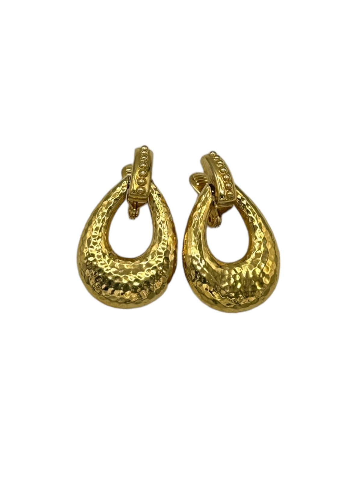 Monet Vintage Jewelry Gold Teardrop Hammered Doorknocker Dangle Clip - On Earrings - 24 Wishes Vintage Jewelry