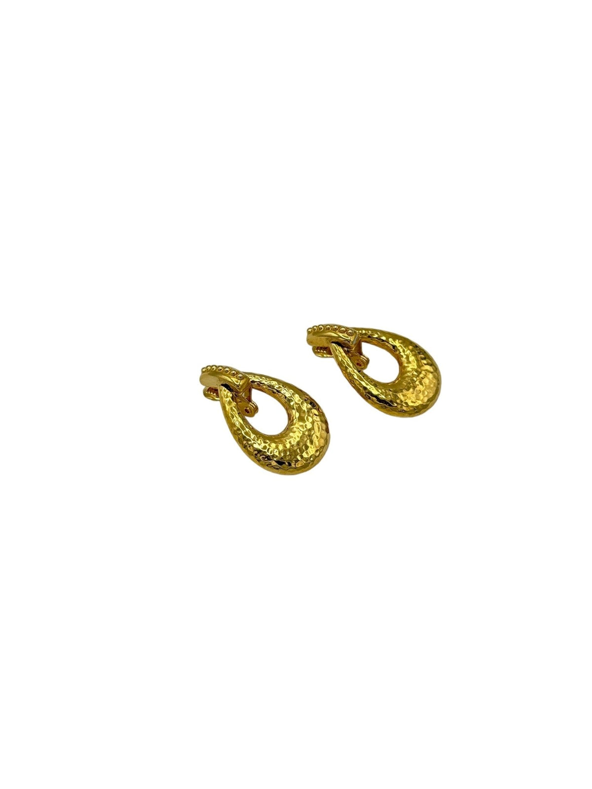 Monet Vintage Jewelry Gold Teardrop Hammered Doorknocker Dangle Clip - On Earrings - 24 Wishes Vintage Jewelry