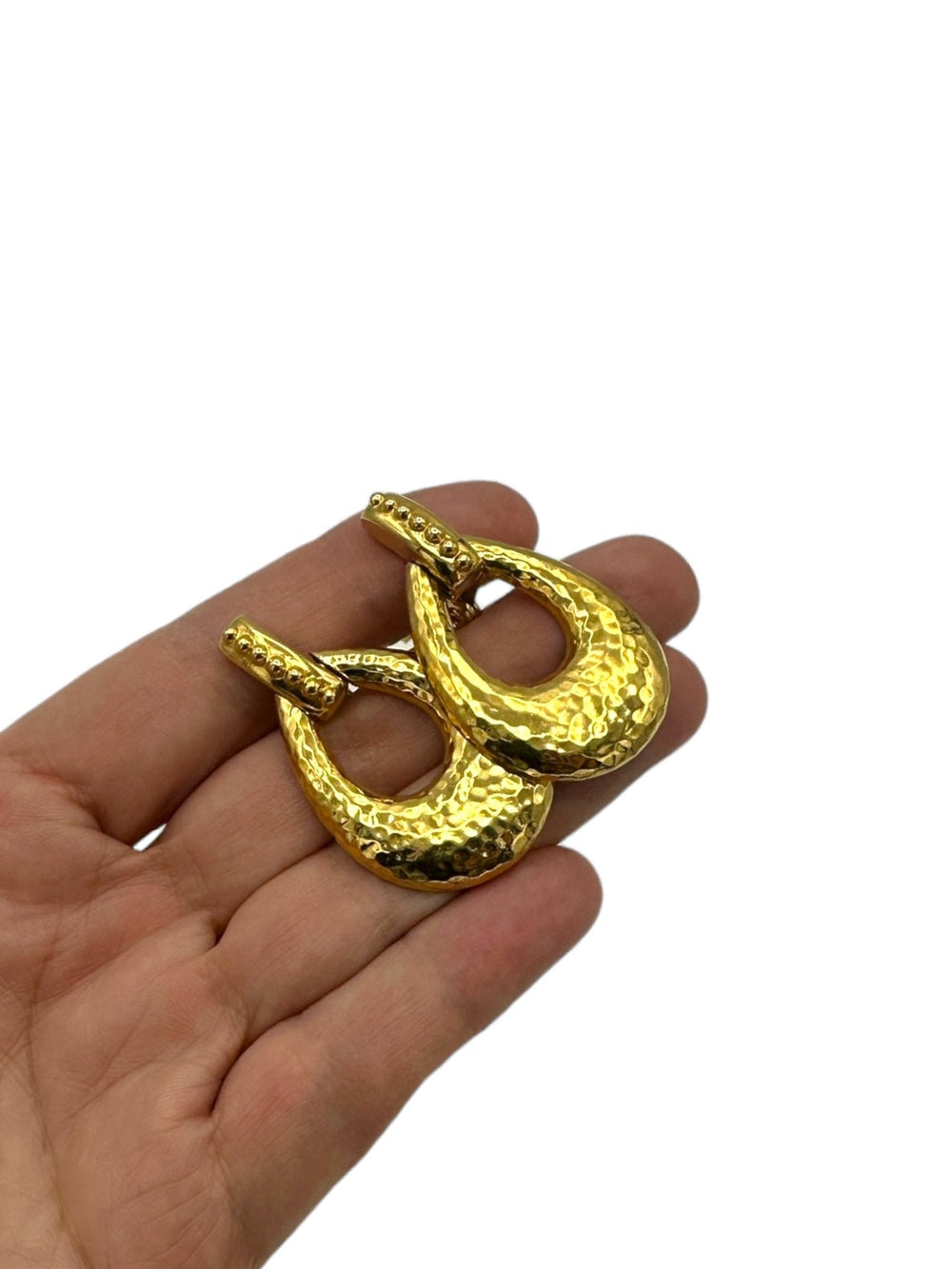 Monet Vintage Jewelry Gold Teardrop Hammered Doorknocker Dangle Clip - On Earrings - 24 Wishes Vintage Jewelry