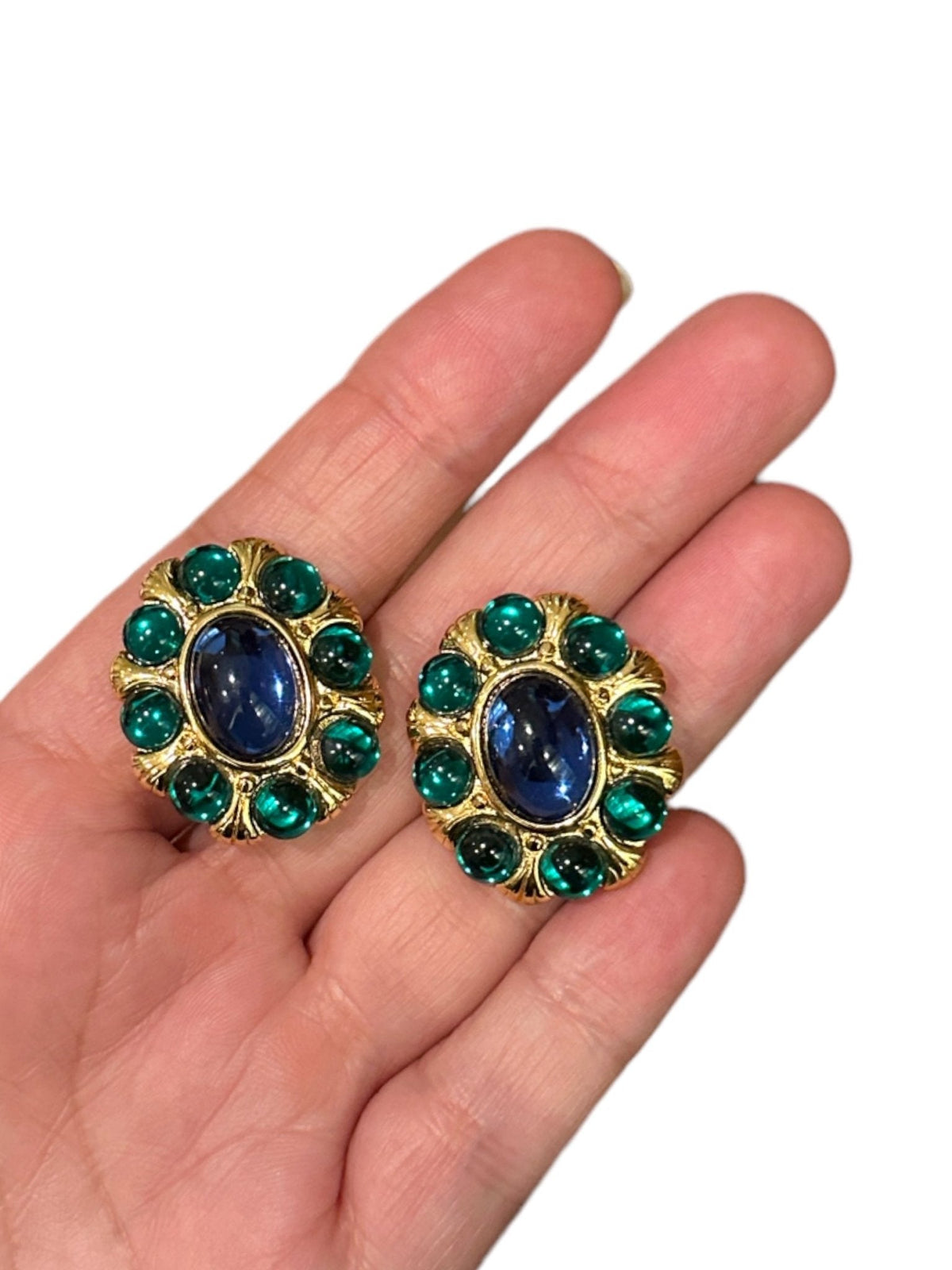 Napier Byzantium Blue & Green Gripiox Cabochon Statement Pierced Vintage Earrings - 24 Wishes Vintage Jewelry