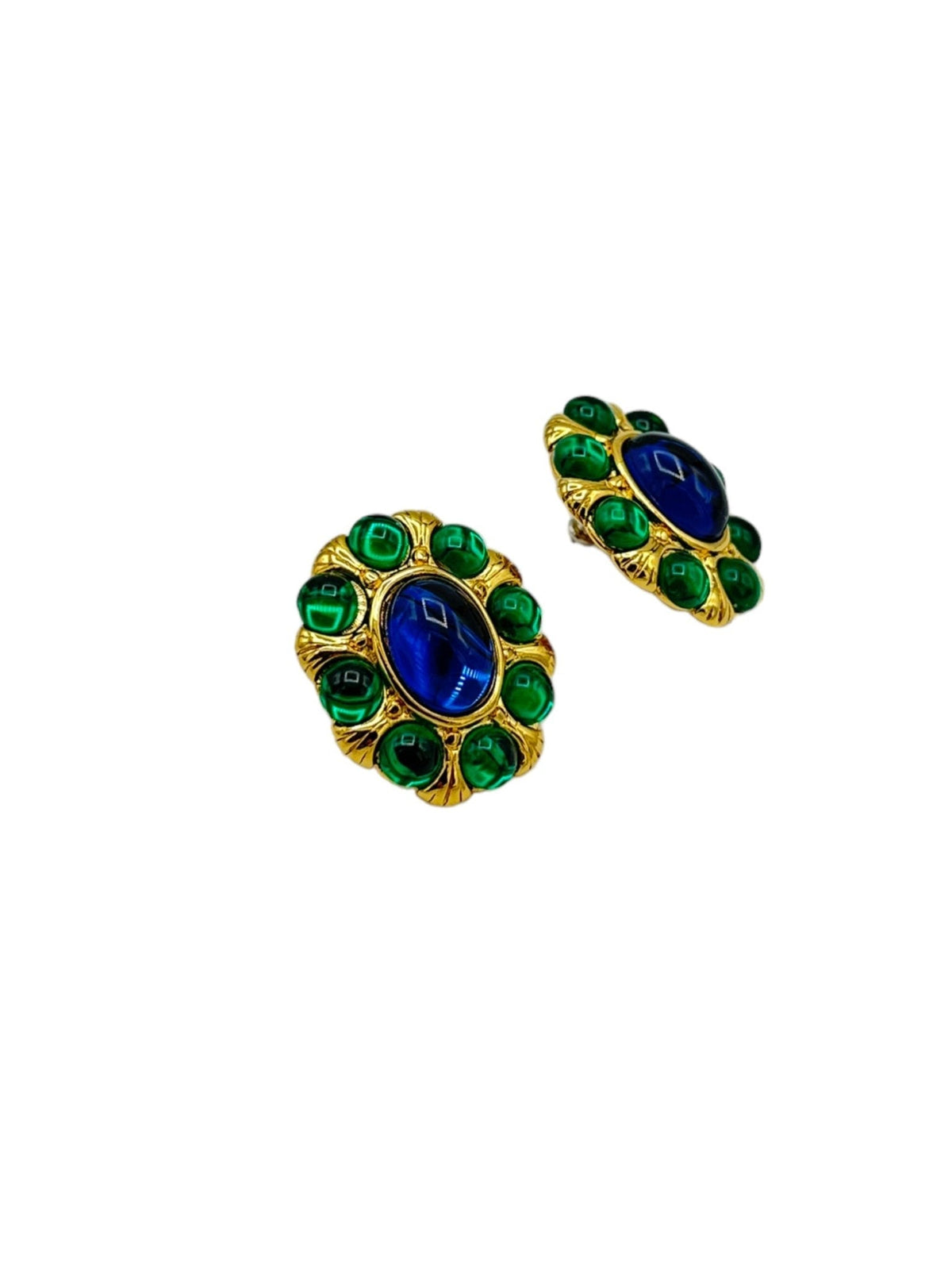 Napier Byzantium Blue & Green Gripiox Cabochon Statement Pierced Vintage Earrings - 24 Wishes Vintage Jewelry