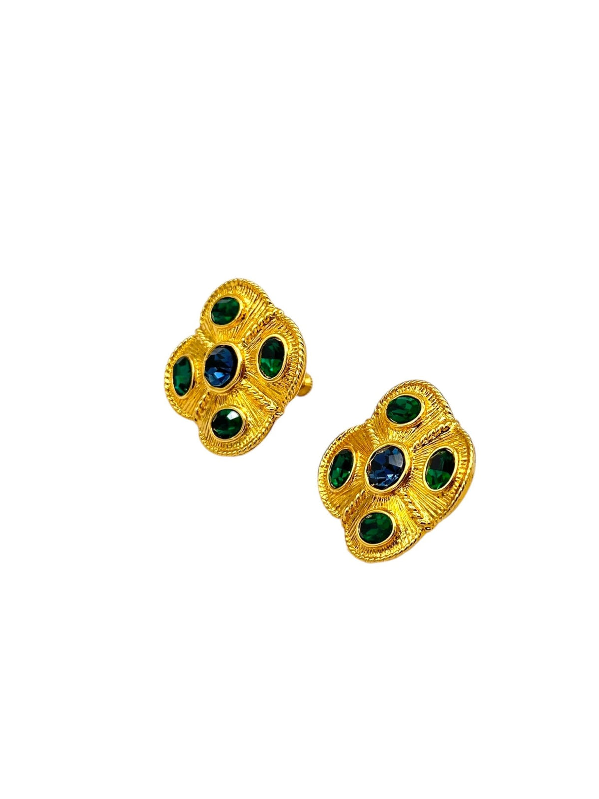 Napier Byzantium Jewel Color Rhinestone Gold Quatrefoil Clip - on Earrings - 24 Wishes Vintage Jewelry