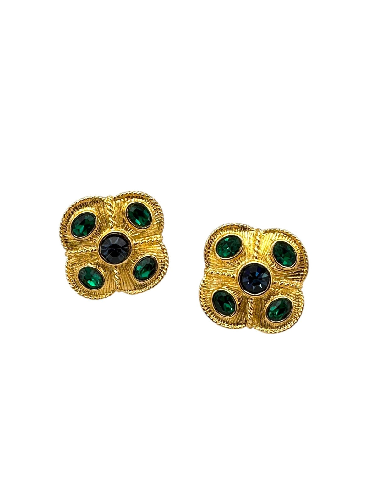 Napier Byzantium Jewel Color Rhinestone Gold Quatrefoil Clip - on Earrings - 24 Wishes Vintage Jewelry