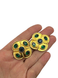 Napier Byzantium Jewel Color Rhinestone Gold Quatrefoil Clip - on Earrings - 24 Wishes Vintage Jewelry