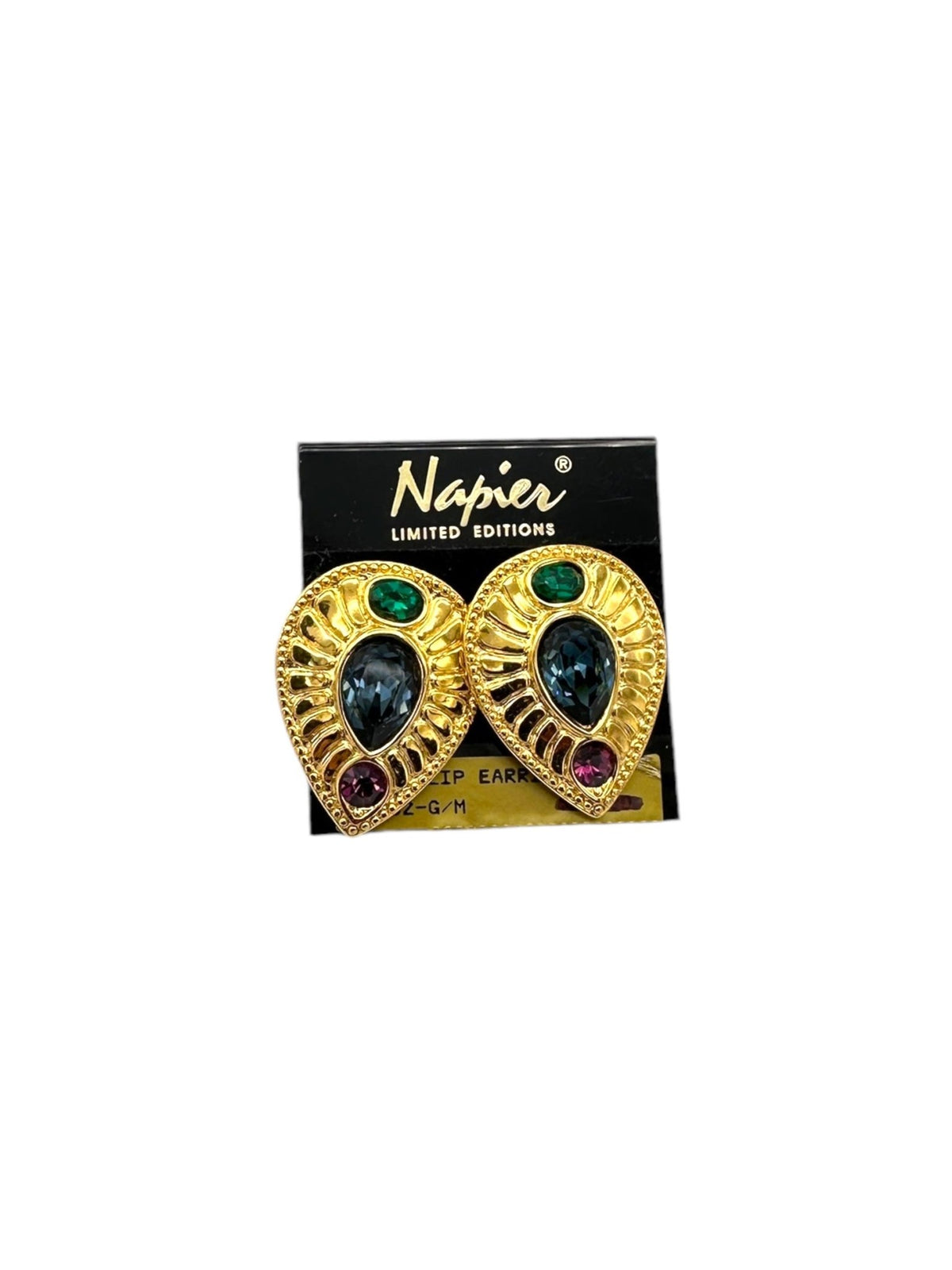 Napier Byzantium Jewel Color Rhinestone Gold Teardrop Clip - on Earrings - 24 Wishes Vintage Jewelry