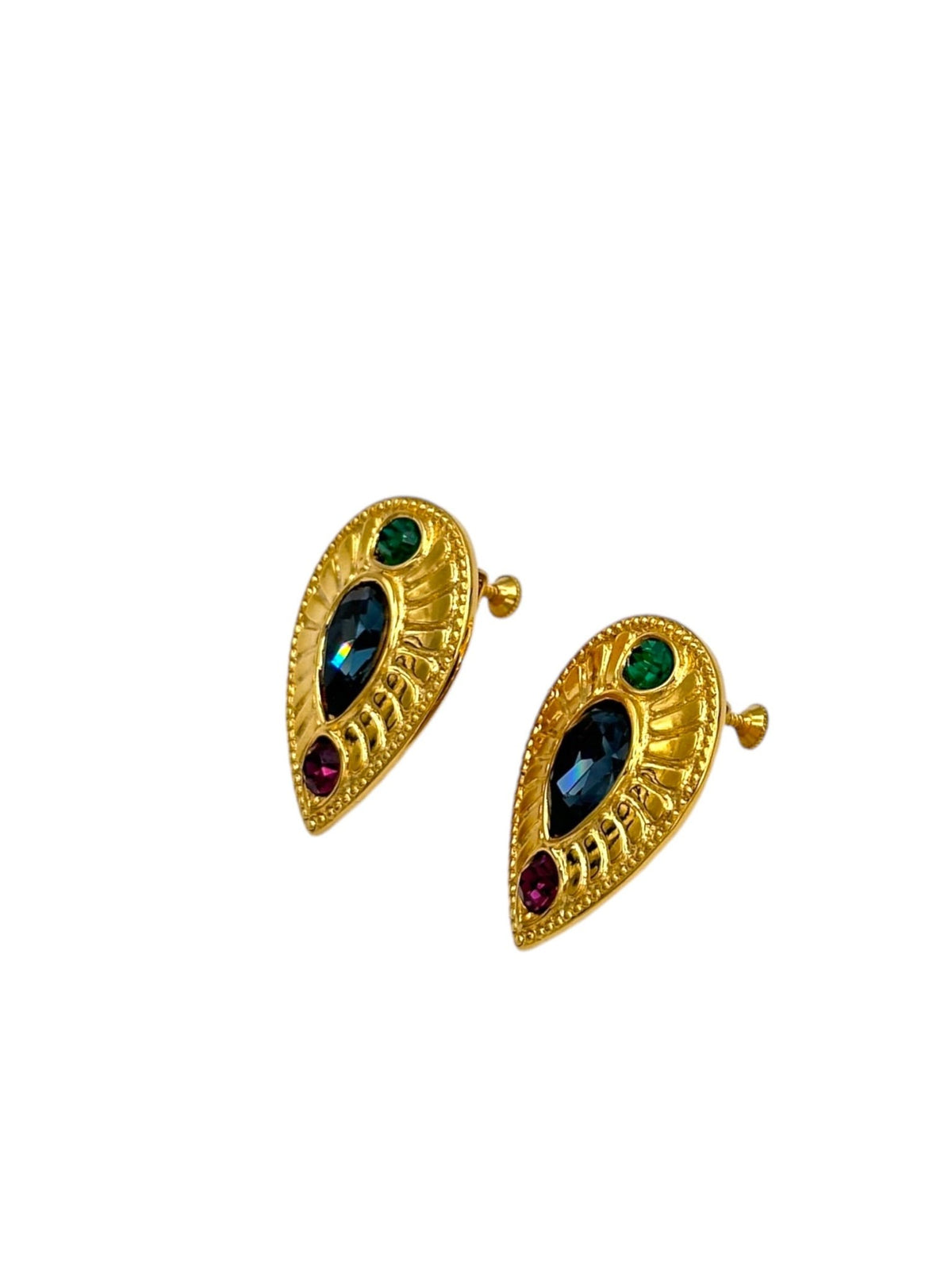 Napier Byzantium Jewel Color Rhinestone Gold Teardrop Clip - on Earrings - 24 Wishes Vintage Jewelry