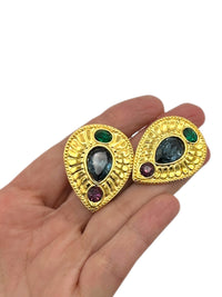 Napier Byzantium Jewel Color Rhinestone Gold Teardrop Clip - on Earrings - 24 Wishes Vintage Jewelry