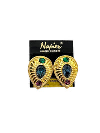 Napier Byzantium Jewel Color Rhinestone Gold Teardrop Clip - on Earrings - 24 Wishes Vintage Jewelry