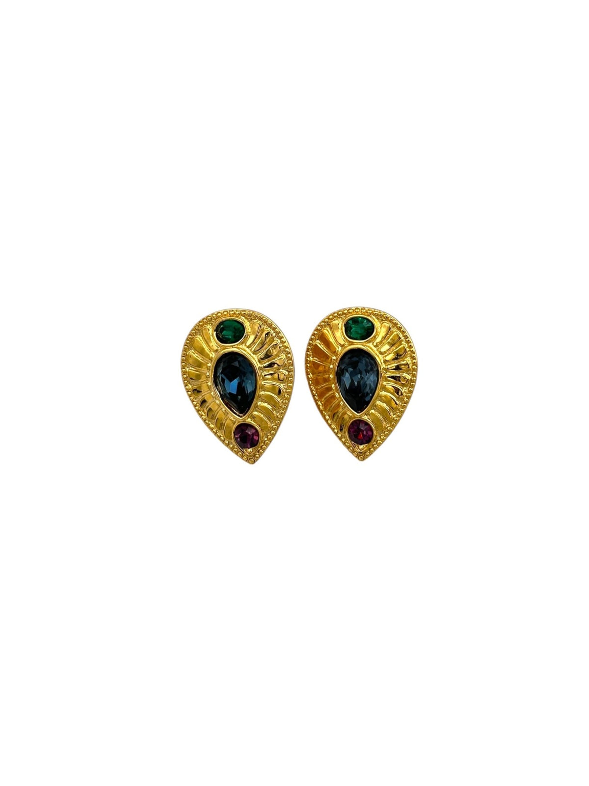 Napier Byzantium Jewel Color Rhinestone Gold Teardrop Clip - on Earrings - 24 Wishes Vintage Jewelry