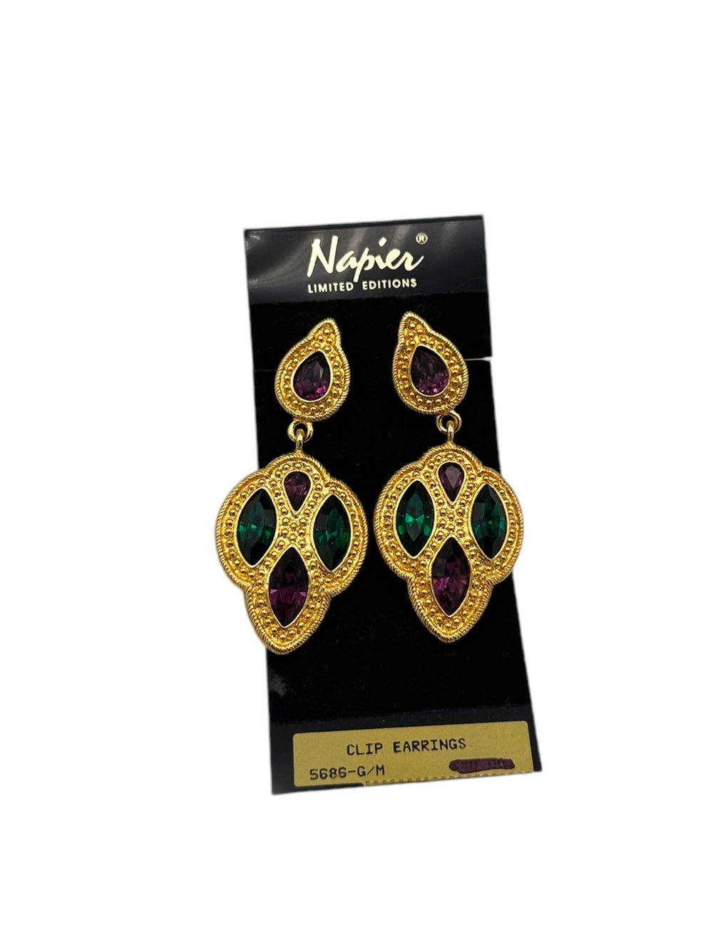 Napier Byzantium Statement Jewel Color Rhinestone Dangle Clip - on Earrings - 24 Wishes Vintage Jewelry