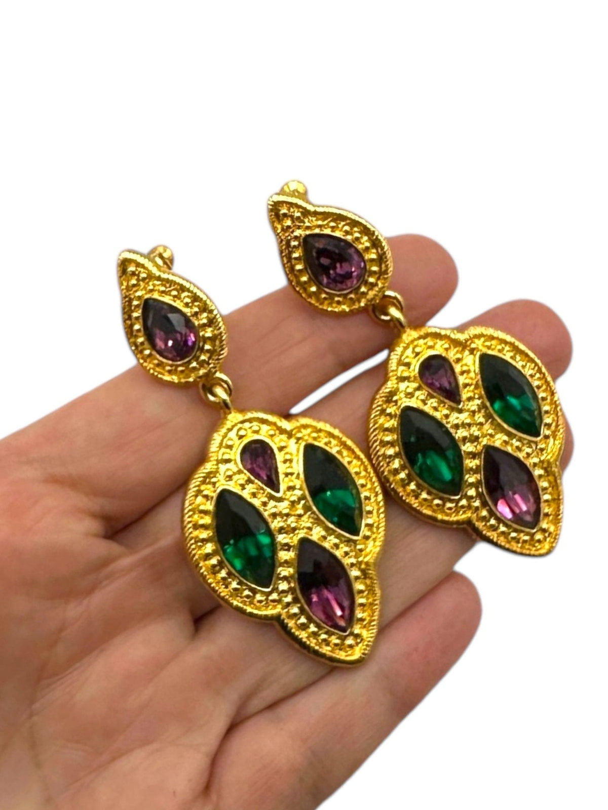 Napier Byzantium Statement Jewel Color Rhinestone Dangle Clip - on Earrings - 24 Wishes Vintage Jewelry