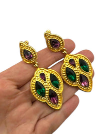 Napier Byzantium Statement Jewel Color Rhinestone Dangle Clip - on Earrings - 24 Wishes Vintage Jewelry