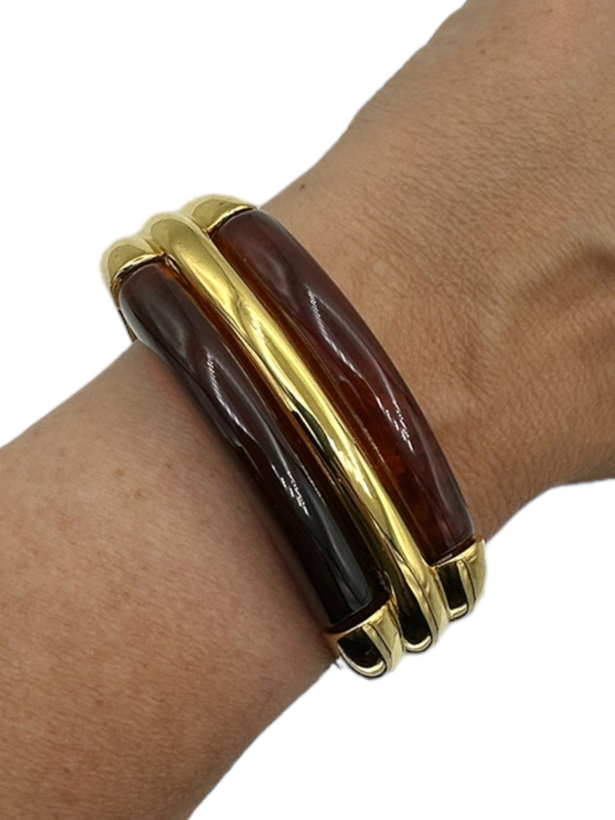 Napier Chunky Tortoise Shell Lucite Gold Vintage Bangle Bracelet - 24 Wishes Vintage Jewelry