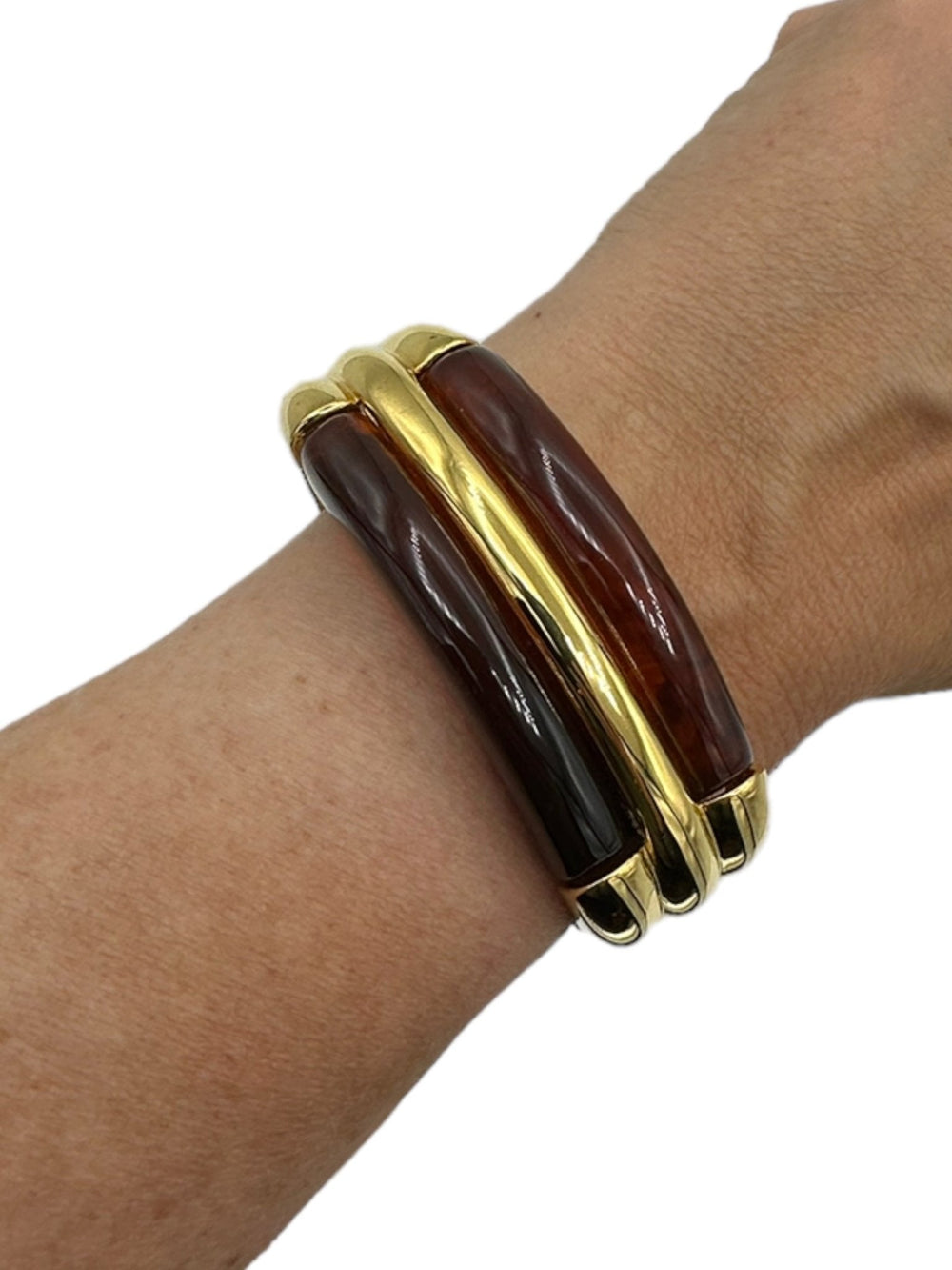 Napier Chunky Tortoise Shell Lucite Gold Vintage Bangle Bracelet - 24 Wishes Vintage Jewelry
