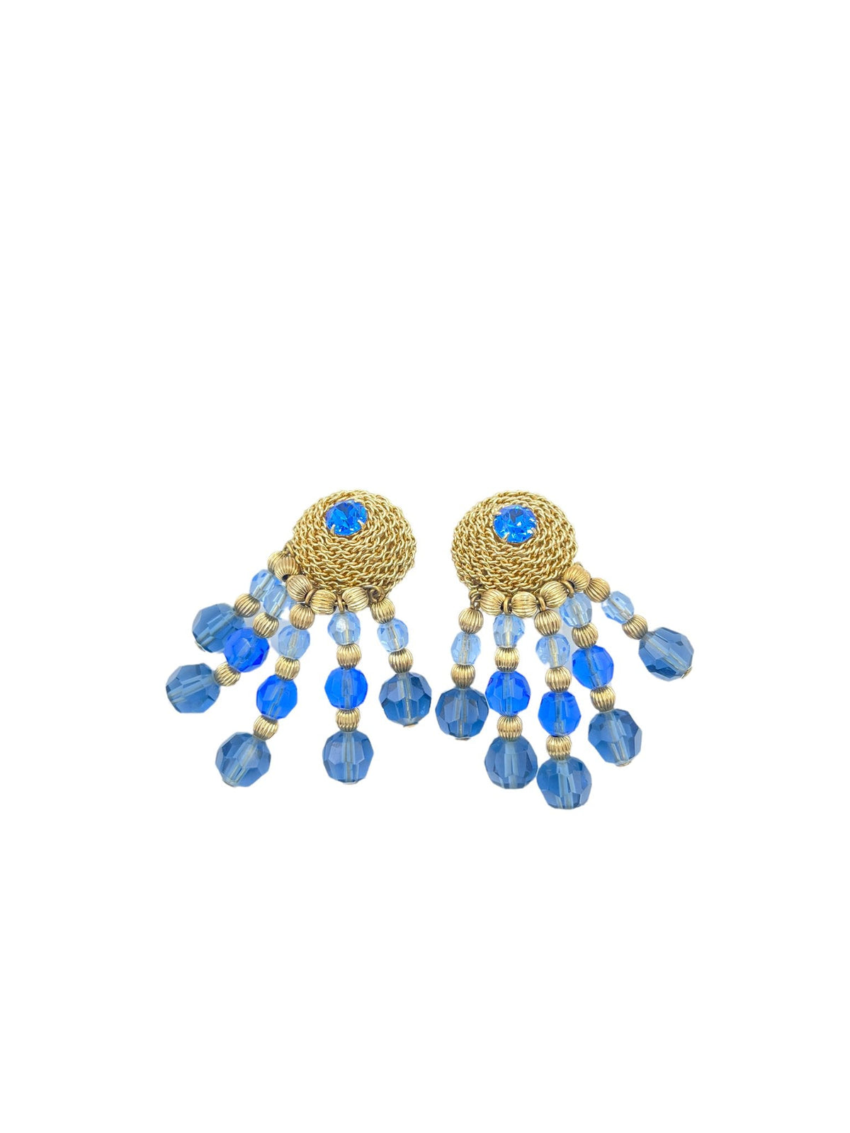 Napier Gold Circle Blue Crystal Dangle Clip - On Vintage Earrings - 24 Wishes Vintage Jewelry