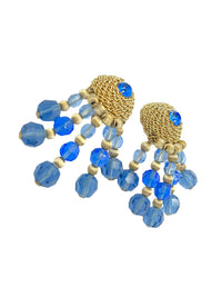 Napier Gold Circle Blue Crystal Dangle Clip - On Vintage Earrings - 24 Wishes Vintage Jewelry