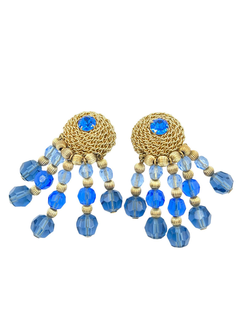 Napier Gold Circle Blue Crystal Dangle Clip - On Vintage Earrings - 24 Wishes Vintage Jewelry