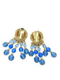 Napier Gold Circle Blue Crystal Dangle Clip - On Vintage Earrings - 24 Wishes Vintage Jewelry