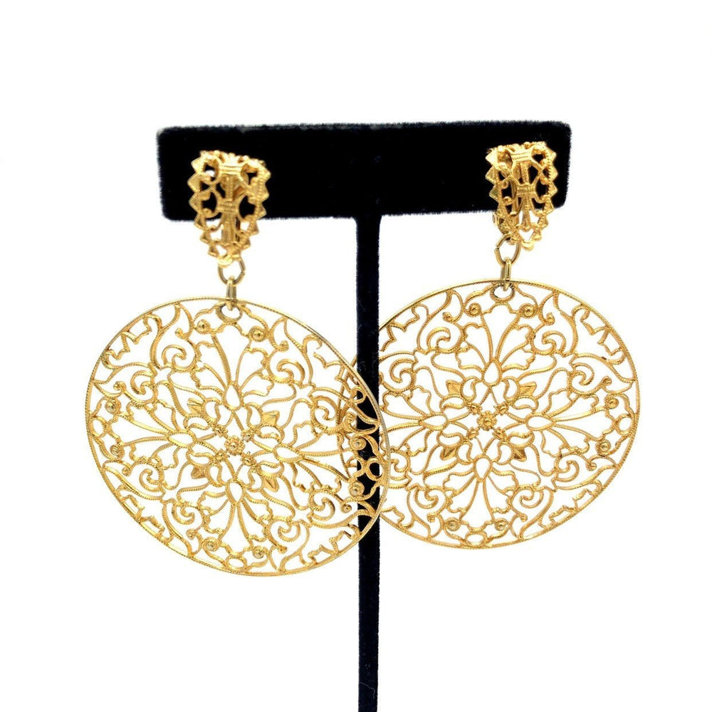 Napier Gold Circle Floral Filigree Style Vintage Clip - On Earrings - 24 Wishes Vintage Jewelry