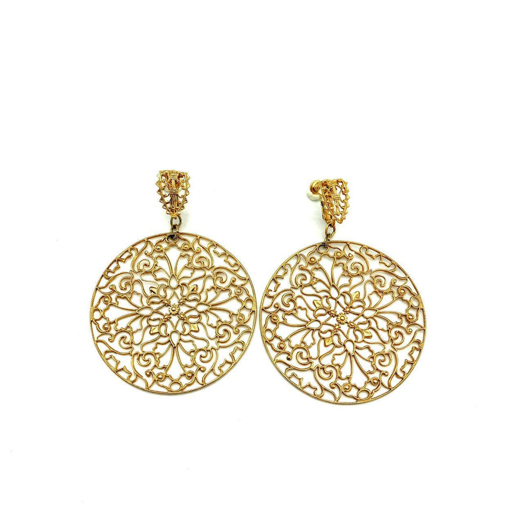Napier Gold Circle Floral Filigree Style Vintage Clip - On Earrings - 24 Wishes Vintage Jewelry