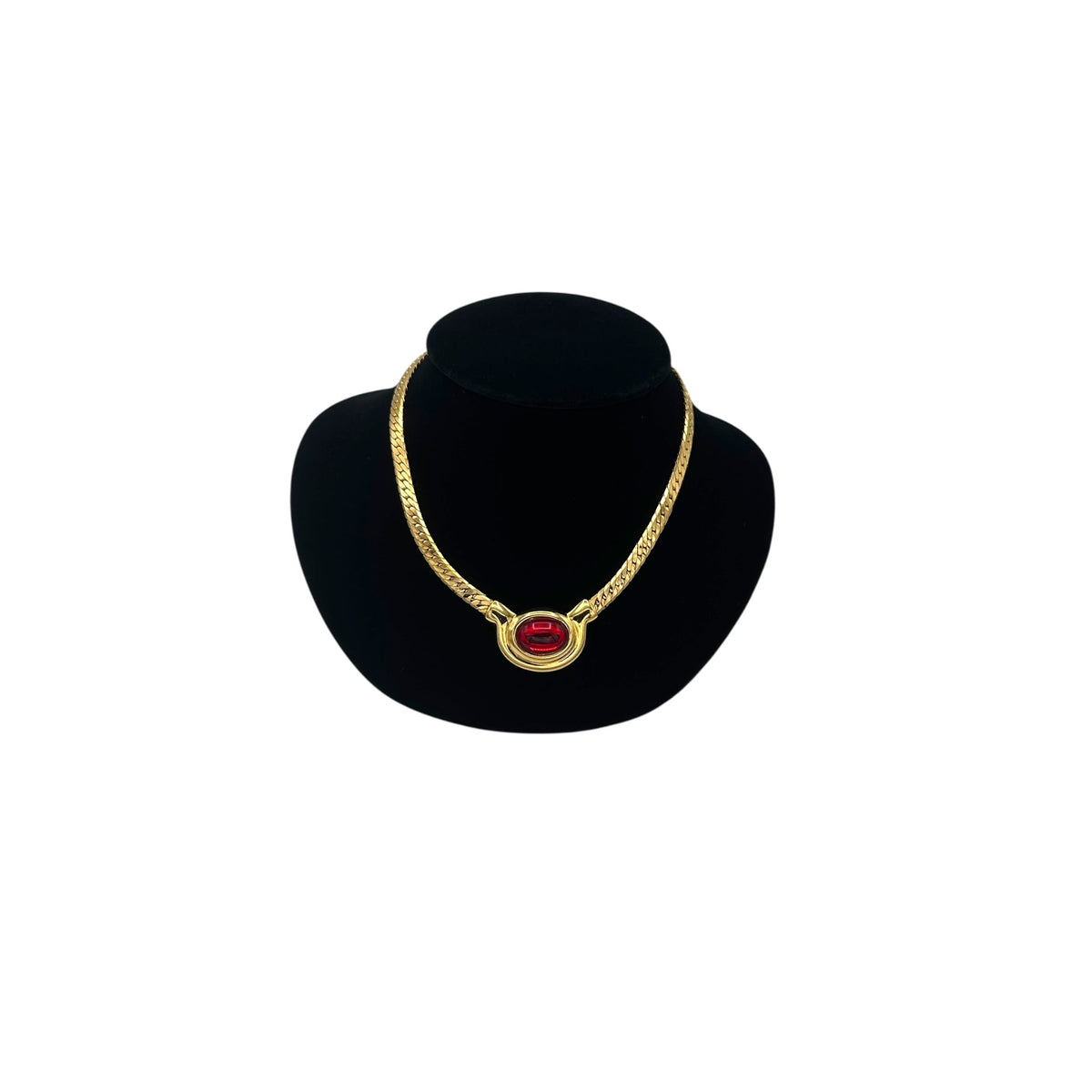 Napier Gold Curb Chain Necklace with Red Oval Cabochon Vintage Pendant 24 Wishes Vintage Jewelry