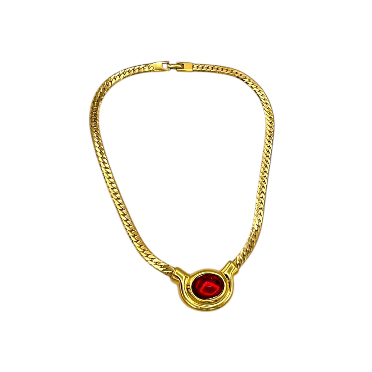 Napier Gold Curb Chain Necklace with Red Oval Cabochon Vintage Pendant 24 Wishes Vintage Jewelry