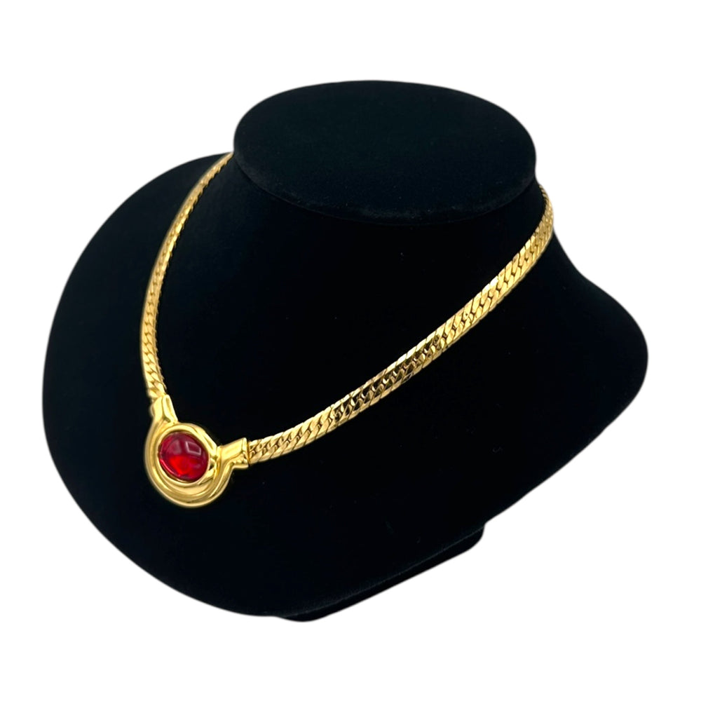 Napier Gold Curb Chain Necklace with Red Oval Cabochon Vintage Pendant 24 Wishes Vintage Jewelry