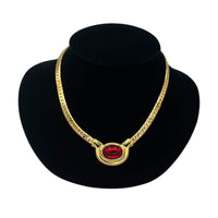 Napier Gold Curb Chain Necklace with Red Oval Cabochon Vintage Pendant 24 Wishes Vintage Jewelry