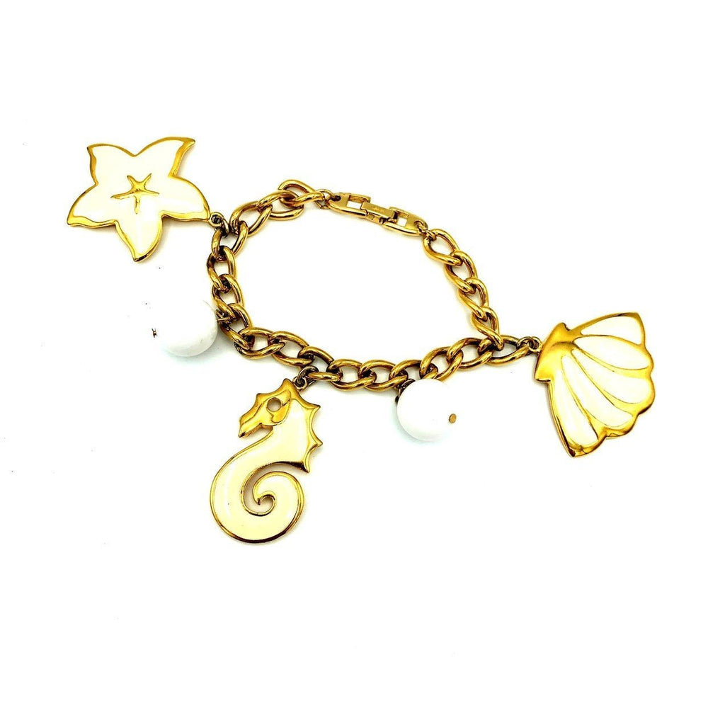 Napier Gold Enamel Seahorse Starfish Shell Vintage Charm Bracelet - 24 Wishes Vintage Jewelry