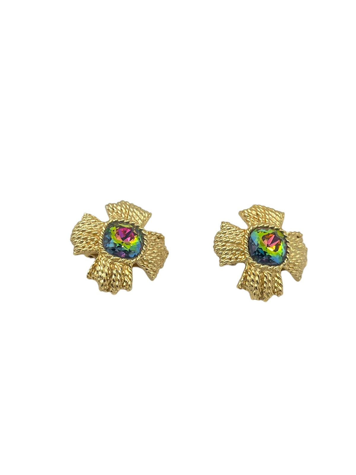 Napier Gold Maltese Watermelon Rivoli Crystal Clip - On Vintage Earrings - 24 Wishes Vintage Jewelry