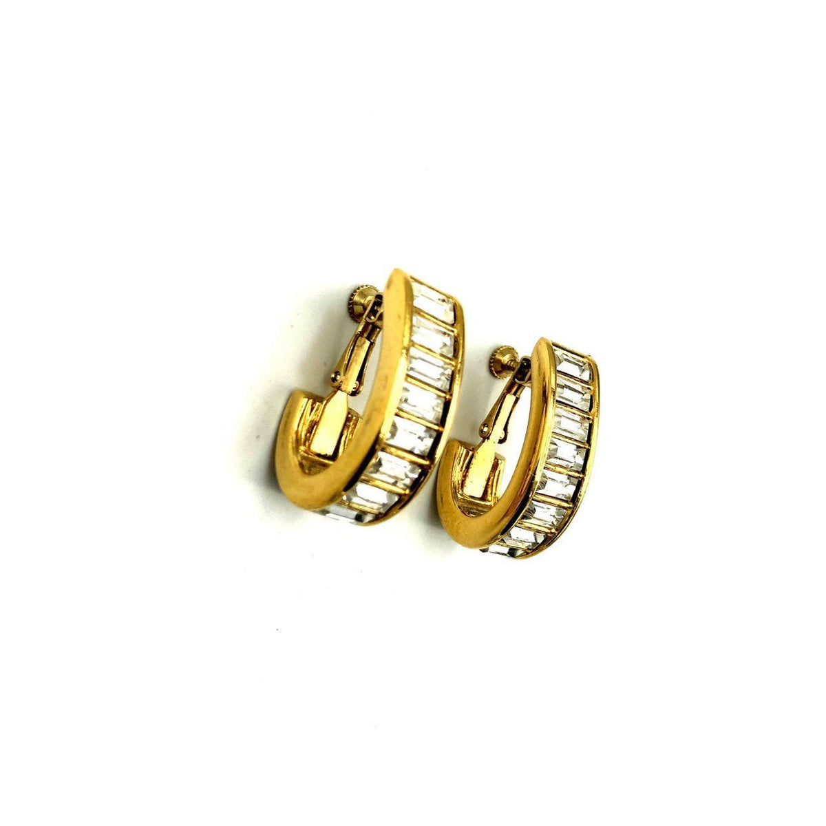 Napier Gold Rhinestone Chunky Hoop Vintage Clip - on Earrings - 24 Wishes Vintage Jewelry