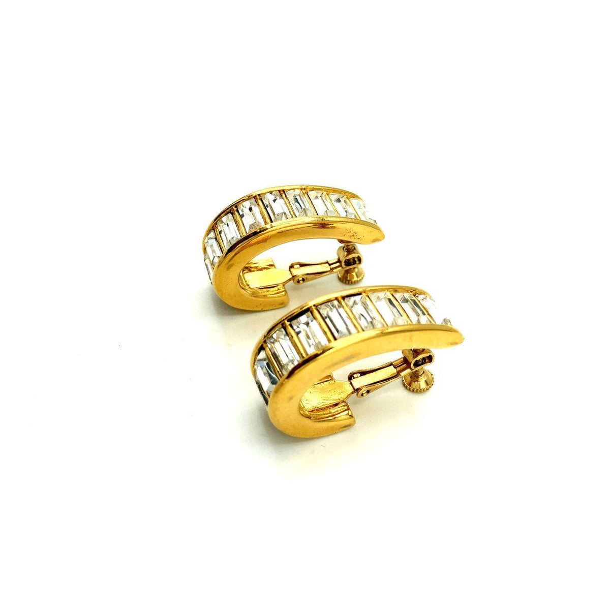 Napier Gold Rhinestone Chunky Hoop Vintage Clip - on Earrings - 24 Wishes Vintage Jewelry