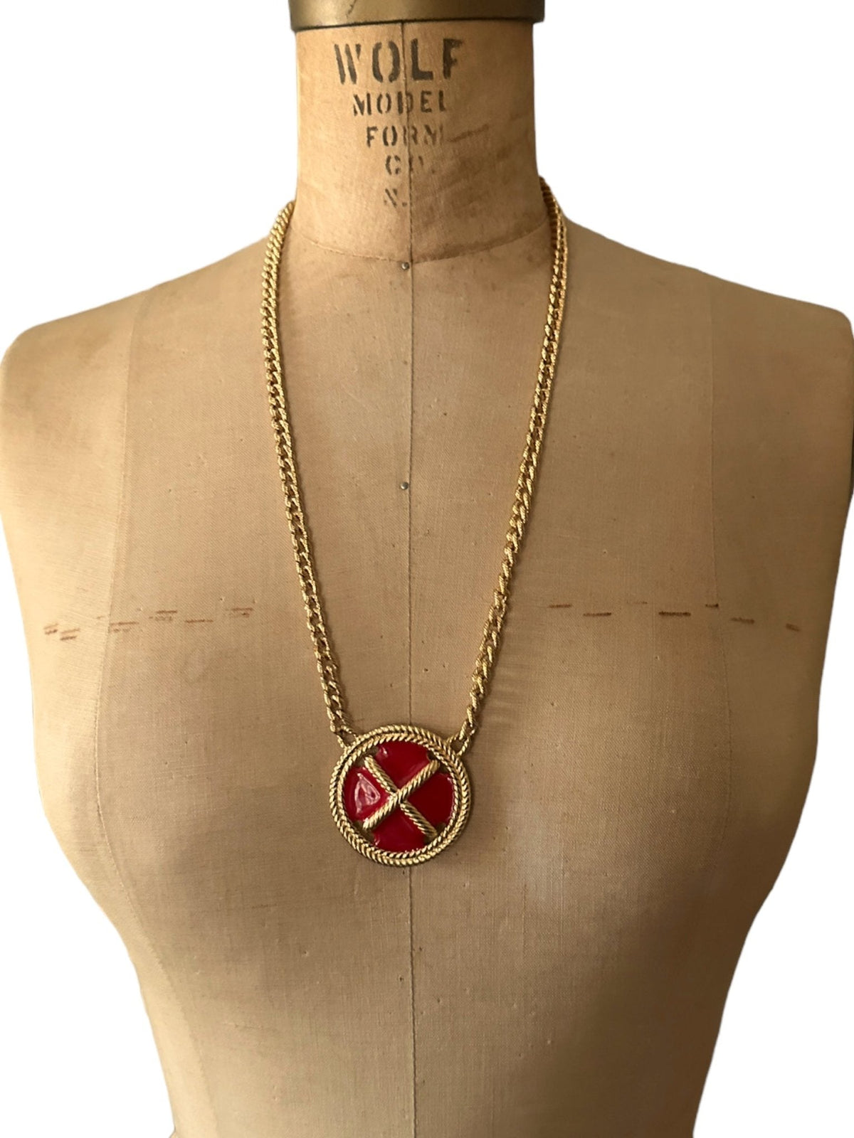 Napier Long Gold Chain Red Enamel Nautical Button Vintage Pendant - 24 Wishes Vintage Jewelry