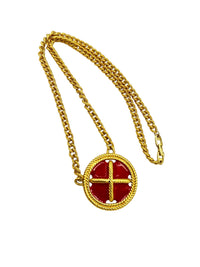 Napier Long Gold Chain Red Enamel Nautical Button Vintage Pendant - 24 Wishes Vintage Jewelry