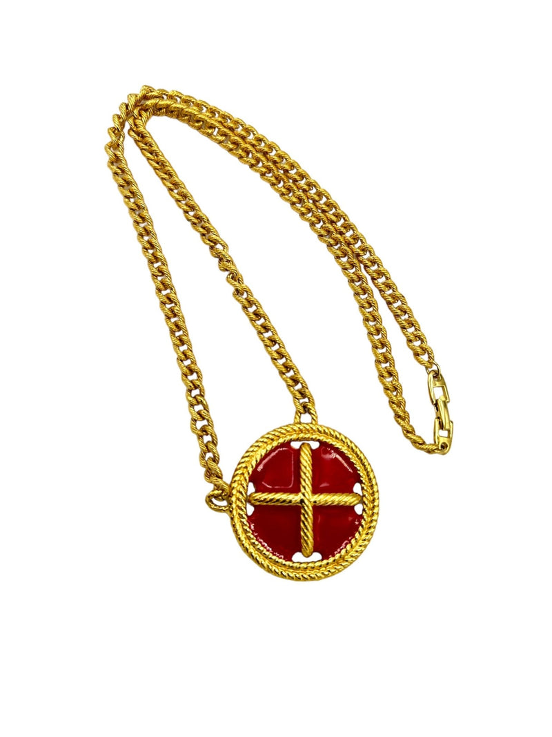 Napier Long Gold Chain Red Enamel Nautical Button Vintage Pendant - 24 Wishes Vintage Jewelry