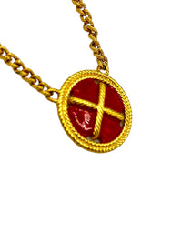 Napier Long Gold Chain Red Enamel Nautical Button Vintage Pendant - 24 Wishes Vintage Jewelry