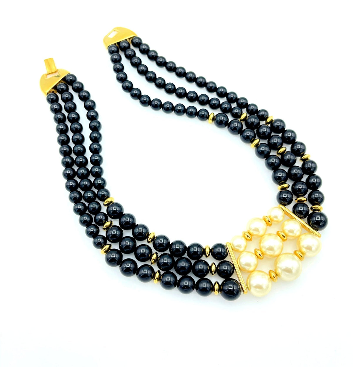 Napier Three Strand Black Beaded & Pearls 'Pearl Cachet' Vintage Necklace - 24 Wishes Vintage Jewelry