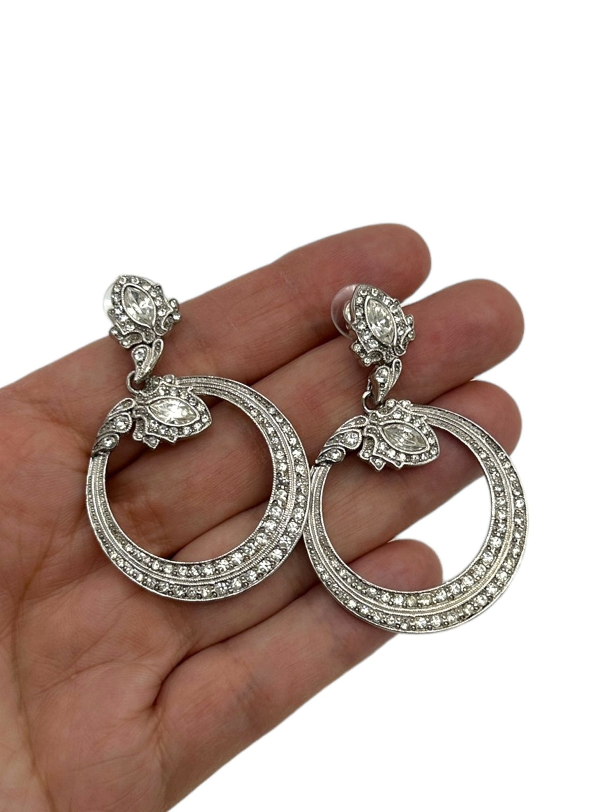 Nicole Miller Silver Large Hoop Dangle Rhinestone Art Deco Style Pierced Earrings - 24 Wishes Vintage Jewelry