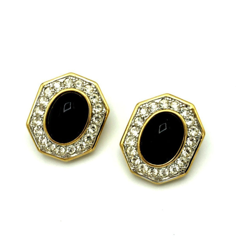 Nina Ricci Classic Gold Black Cabochon Vintage Clip - On Earrings - 24 Wishes Vintage Jewelry