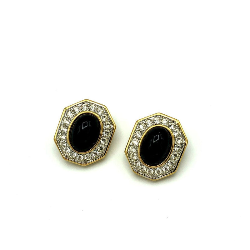 Nina Ricci Classic Gold Black Cabochon Vintage Clip - On Earrings - 24 Wishes Vintage Jewelry