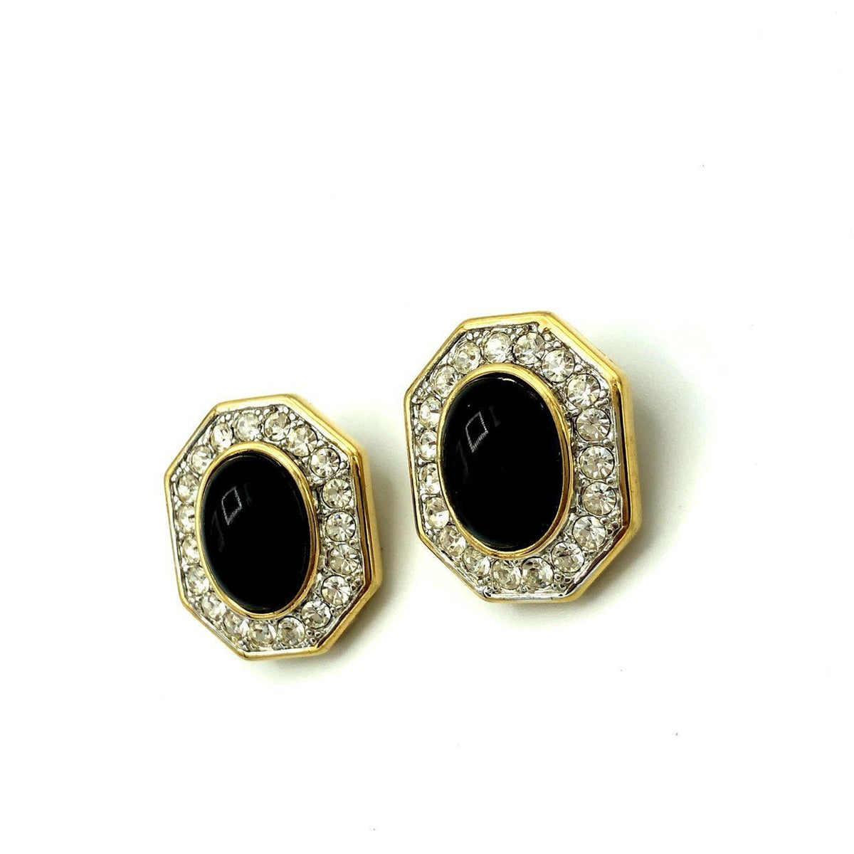 Nina Ricci Classic Gold Black Cabochon Vintage Clip - On Earrings - 24 Wishes Vintage Jewelry