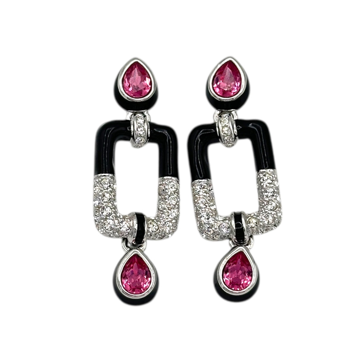 EarringsNolan Miller Black Enamel Art Deco Pink Teardrop Vintage Pierced Earrings